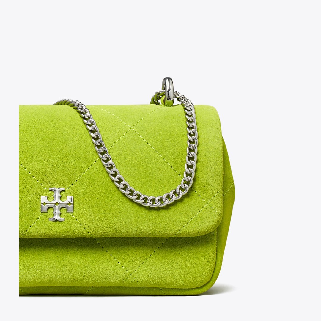 Tory Burch Mini Kira Diamond Quilt Suede Flap Bag Bitter Lime