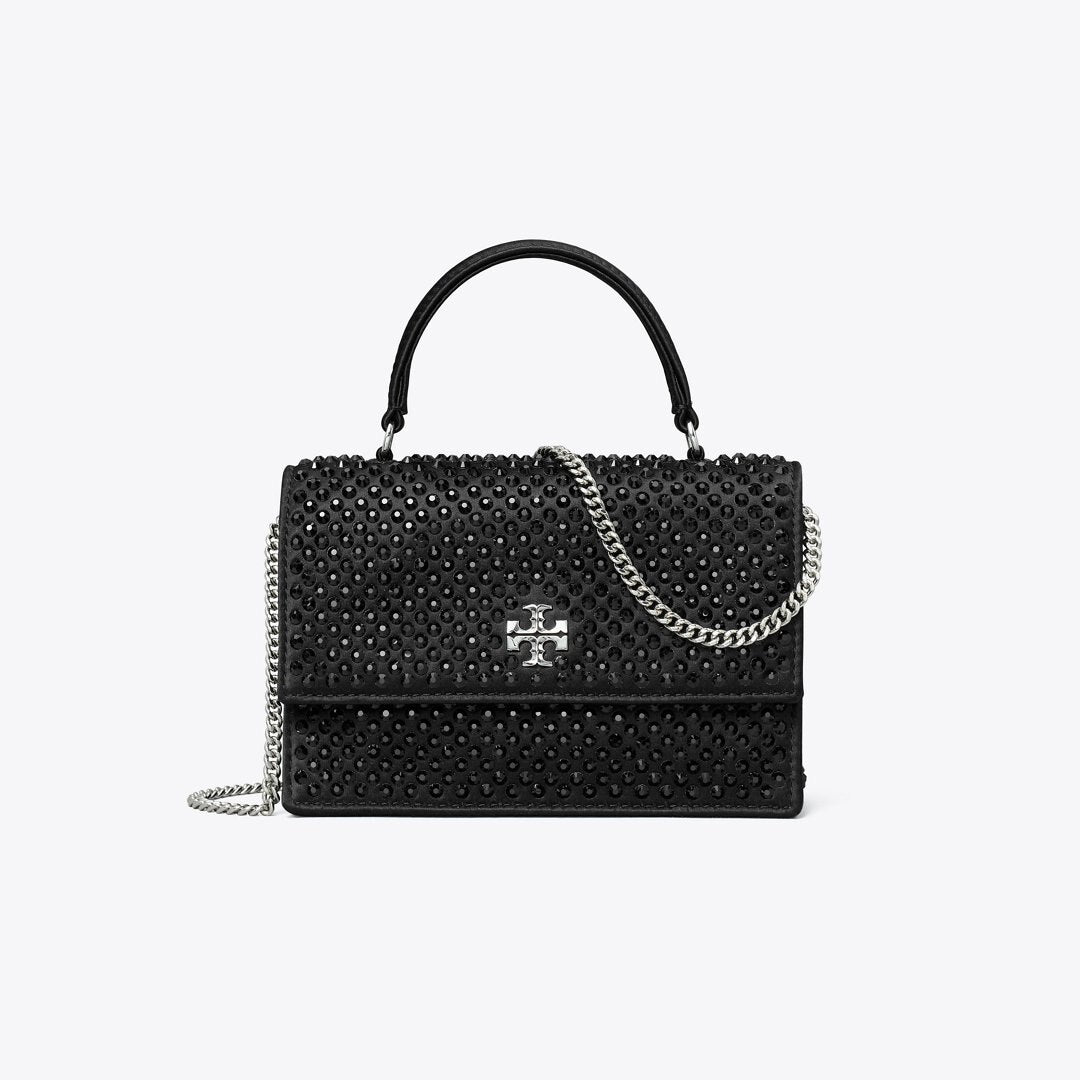 Tory Burch Mini Kira Satin Embellished Top-Handle Crossbody Black