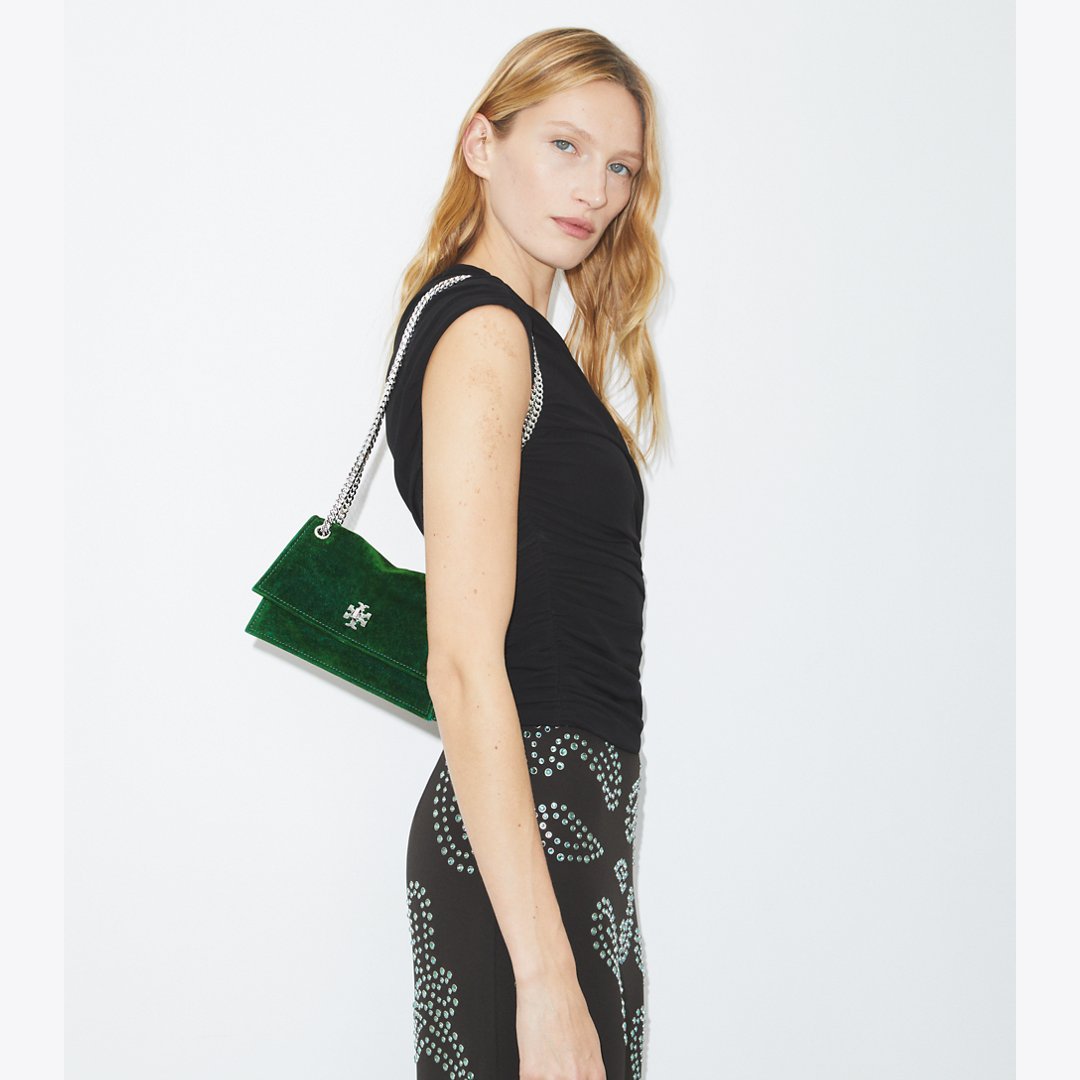 Tory Burch Mini Kira Turnlock Flocked Shoulder Bag Emerald