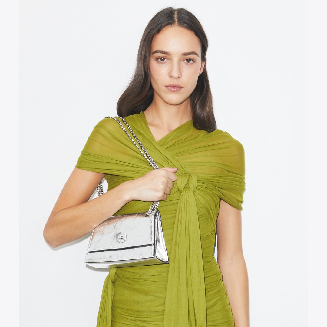 Tory Burch Mini Kira Turnlock Metallic Shoulder Bag Silver