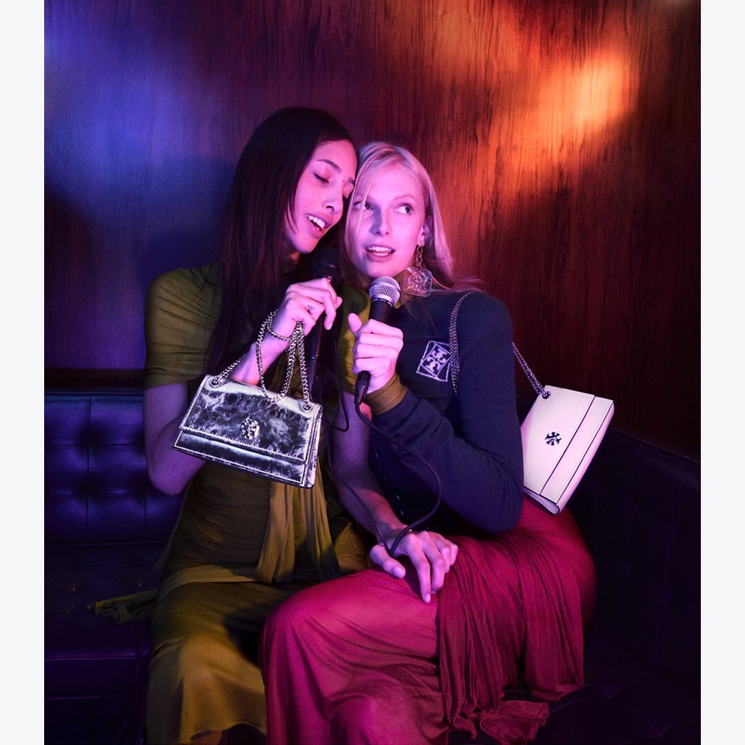 Tory Burch Mini Kira Turnlock Metallic Shoulder Bag Silver