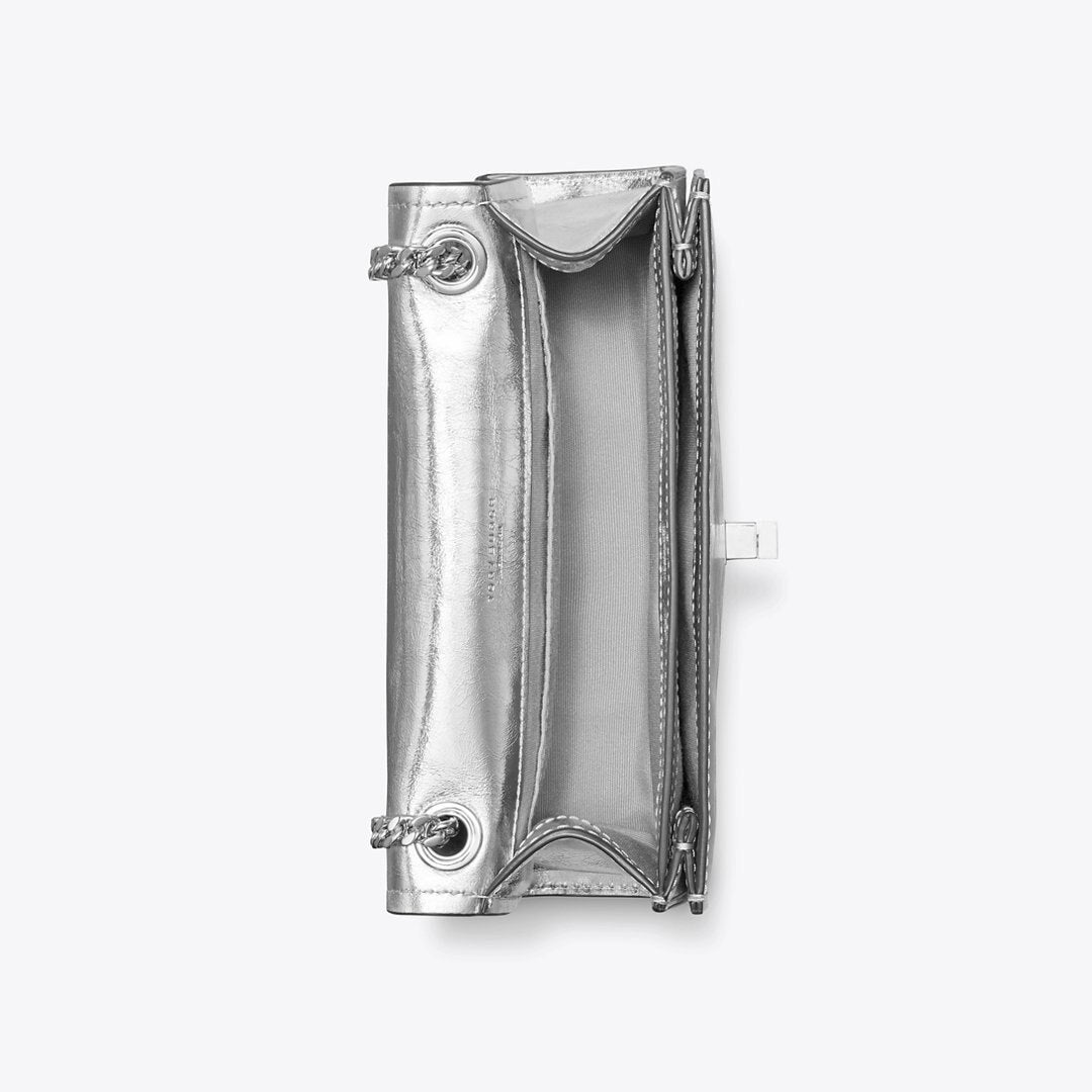 Tory Burch Mini Kira Turnlock Metallic Shoulder Bag Silver