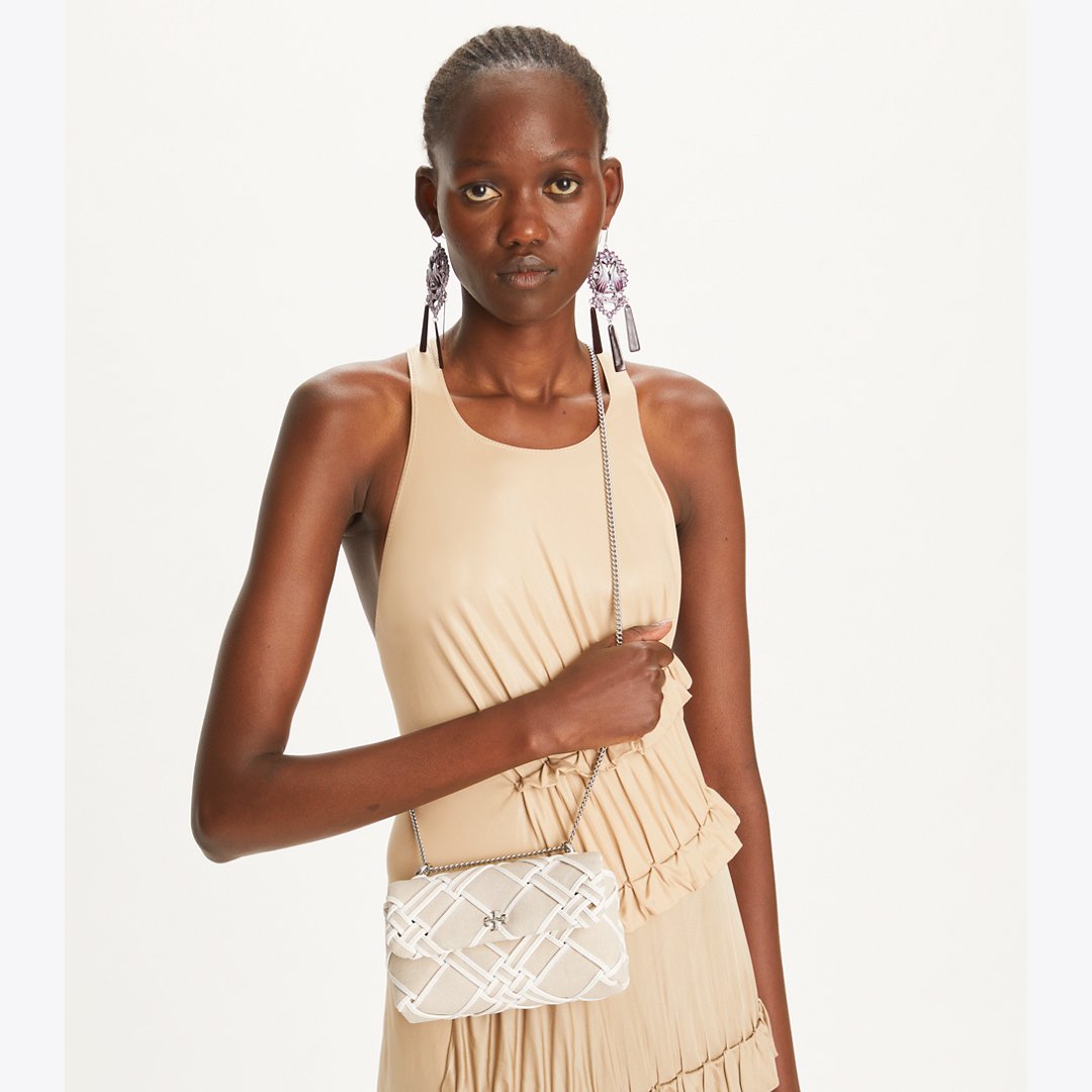 Tory Burch Mini Kira Woven Canvas Flap Bag Natural / Blanc