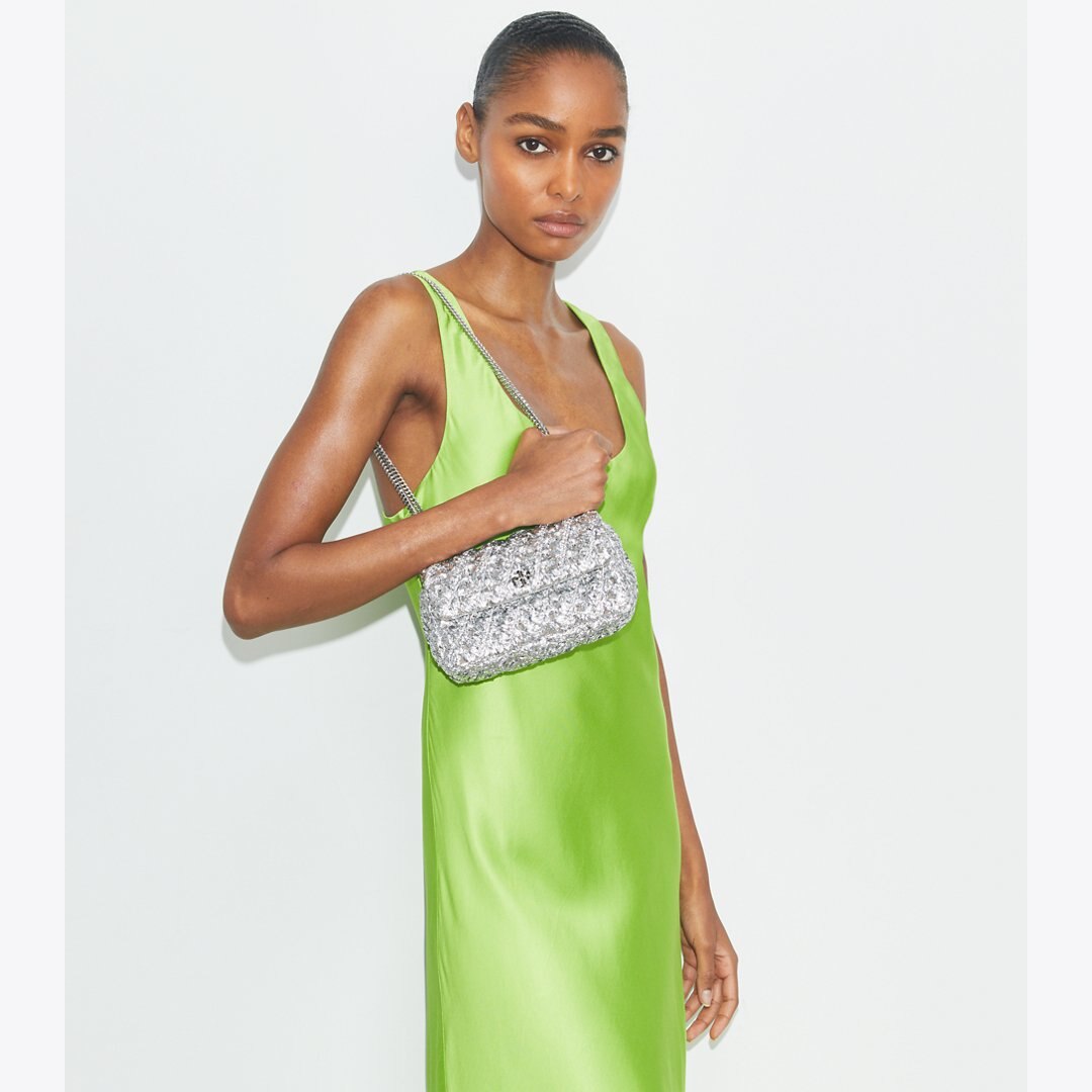 Tory Burch Mini Kira Woven Flap Bag Silver