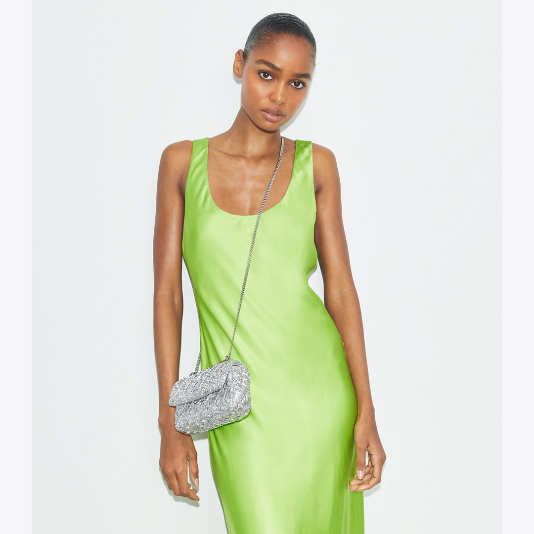 Tory Burch Mini Kira Woven Flap Bag Silver