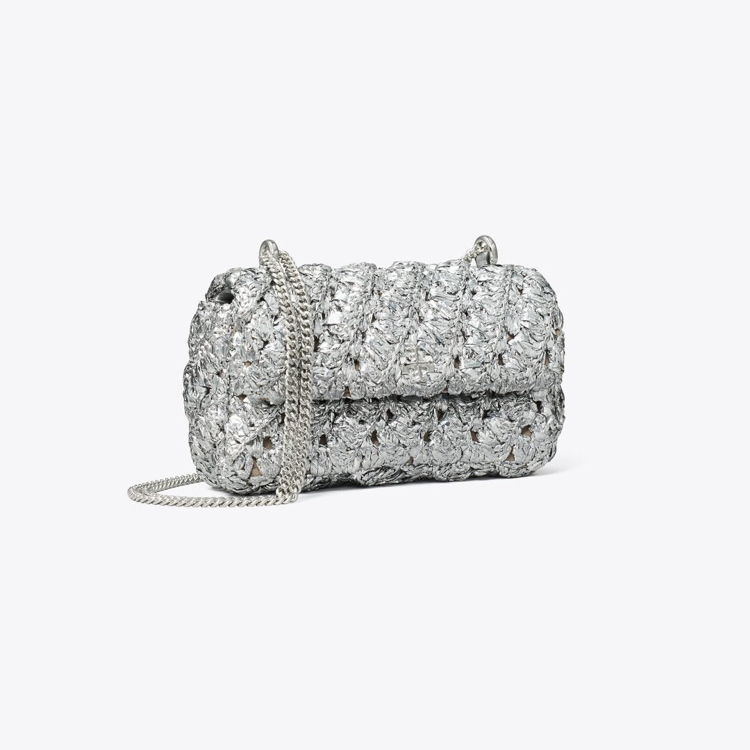 Tory Burch Mini Kira Woven Flap Bag Silver