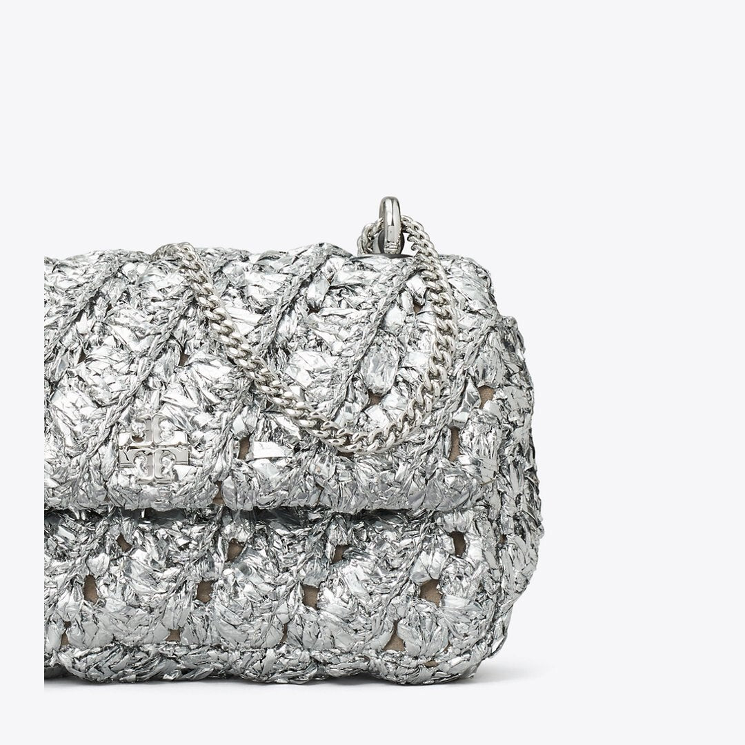 Tory Burch Mini Kira Woven Flap Bag Silver
