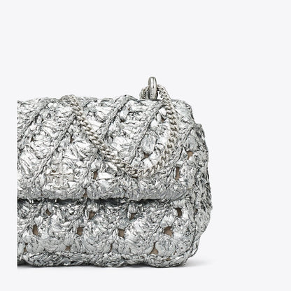 Tory Burch Mini Kira Woven Flap Bag Silver