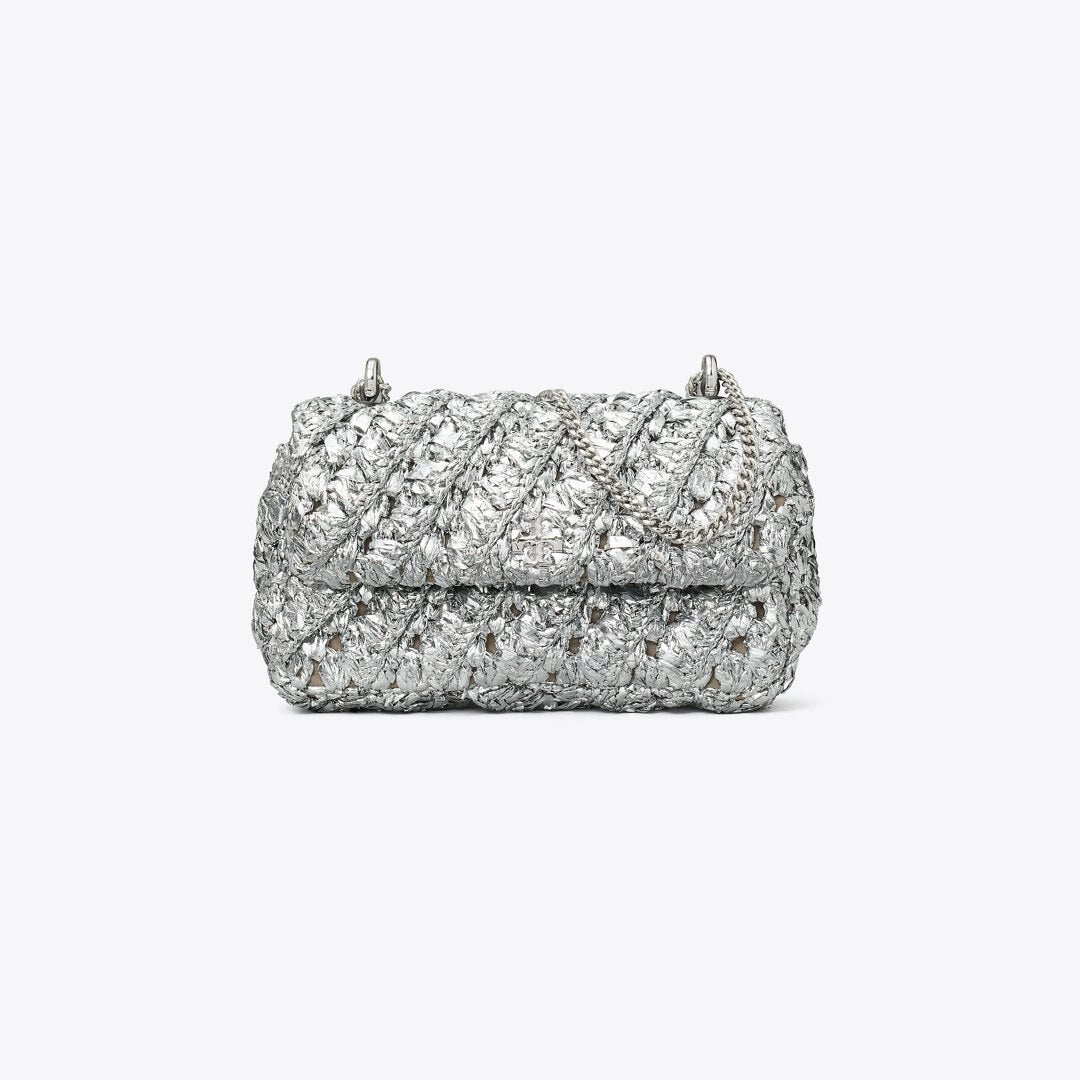 Tory Burch Mini Kira Woven Flap Bag Silver