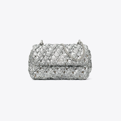 Tory Burch Mini Kira Woven Flap Bag Silver