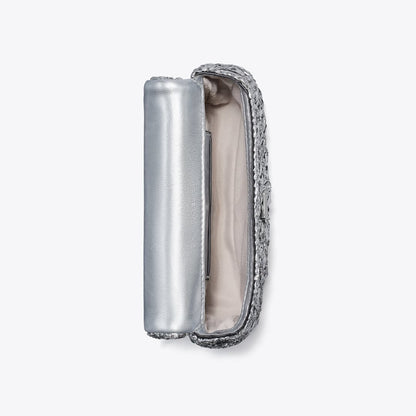 Tory Burch Mini Kira Woven Flap Bag Silver