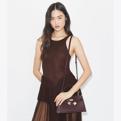 Tory Burch Mini Lee Radziwill Pebbled Top-Handle Bag Dark Carmine