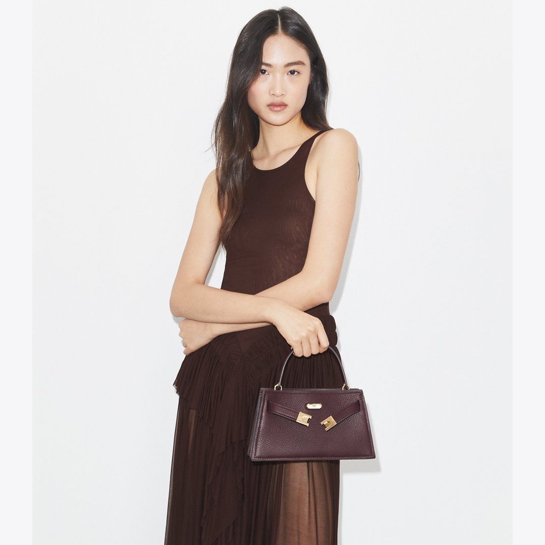 Tory Burch Mini Lee Radziwill Pebbled Top-Handle Bag Dark Carmine