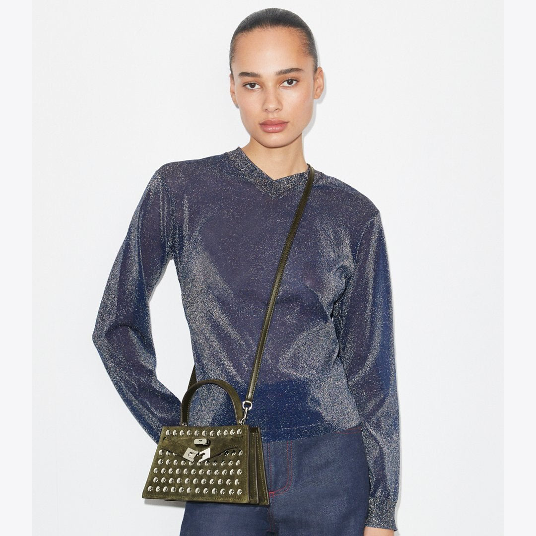 Tory Burch Mini Lee Radziwill Studded Suede Top-Handle Bag Dark Olive
