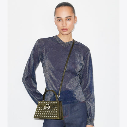 Tory Burch Mini Lee Radziwill Studded Suede Top-Handle Bag Dark Olive