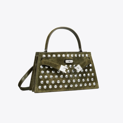 Tory Burch Mini Lee Radziwill Studded Suede Top-Handle Bag Dark Olive