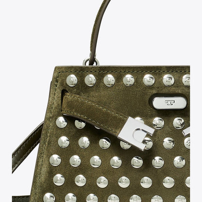 Tory Burch Mini Lee Radziwill Studded Suede Top-Handle Bag Dark Olive
