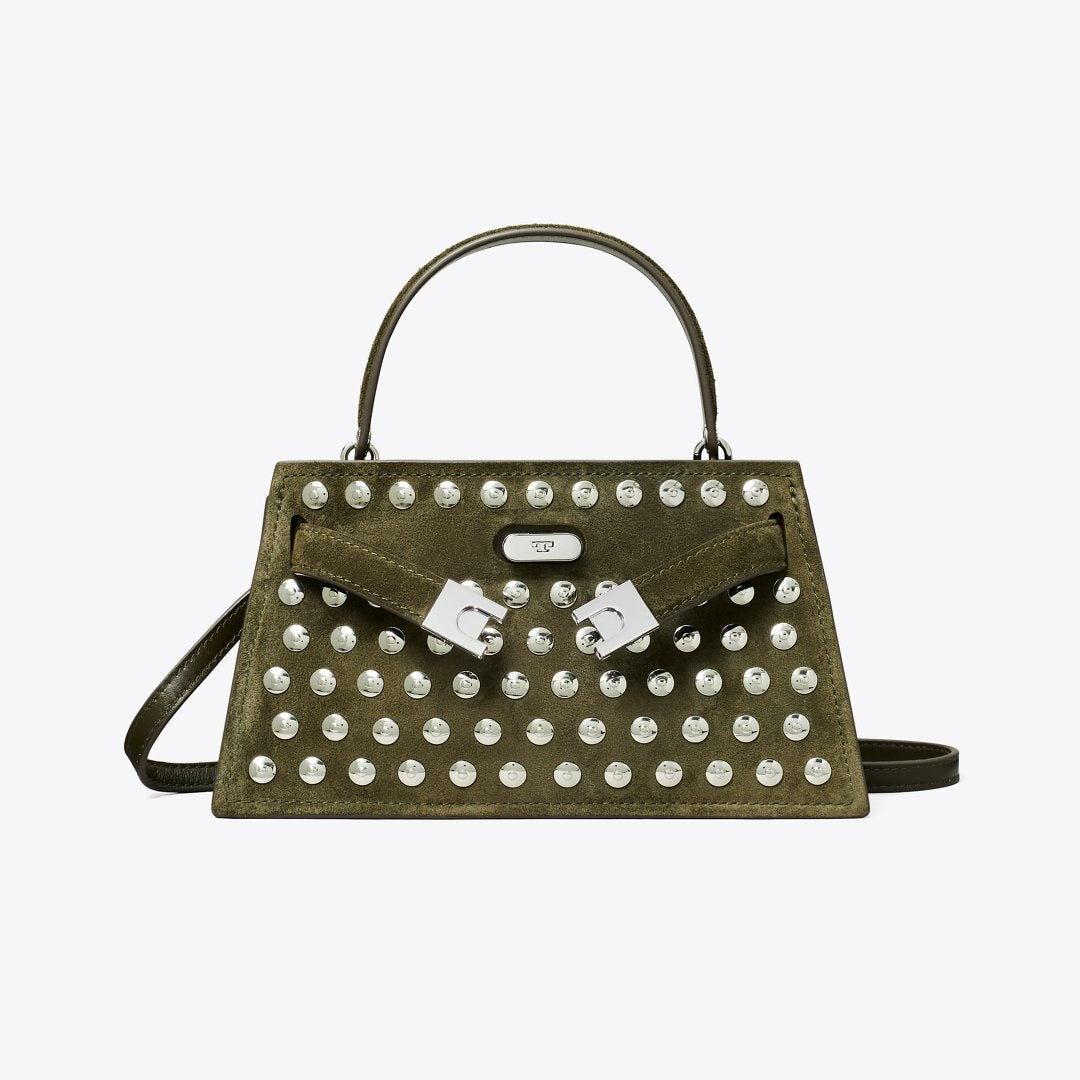 Tory Burch Mini Lee Radziwill Studded Suede Top-Handle Bag Dark Olive