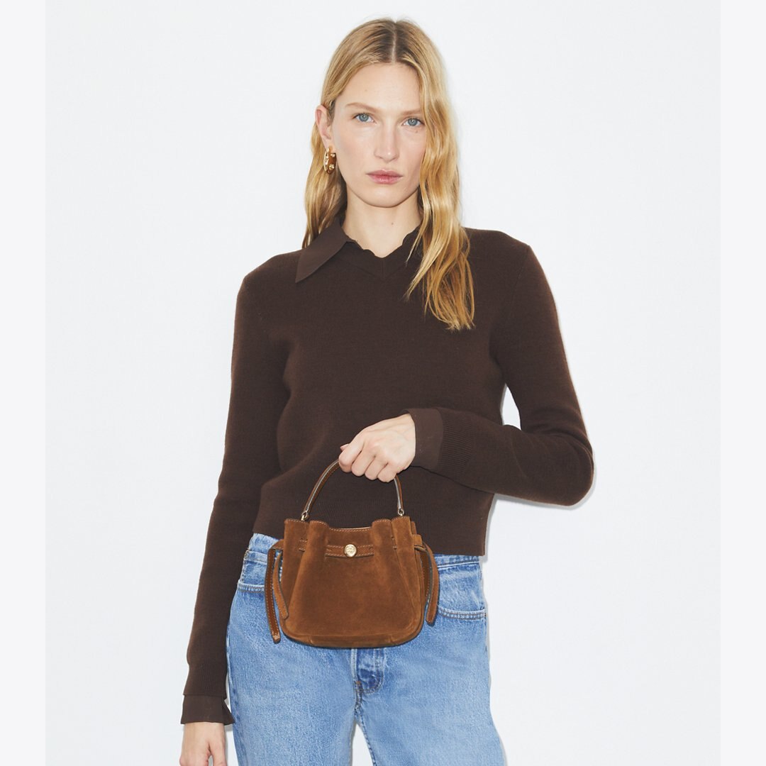 Tory Burch Mini Romy Suede Bucket Bag Caramel