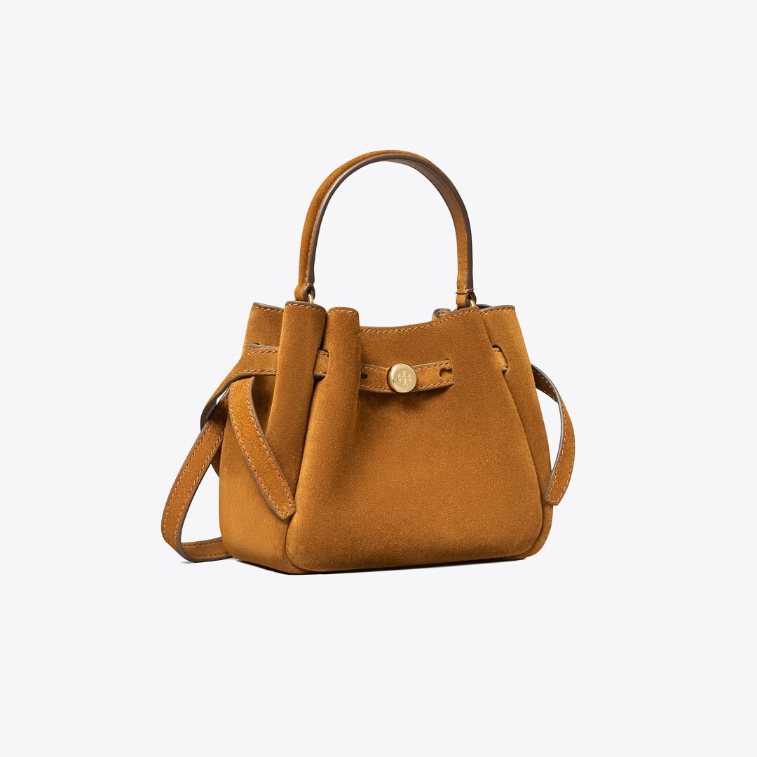 Tory Burch Mini Romy Suede Bucket Bag Caramel