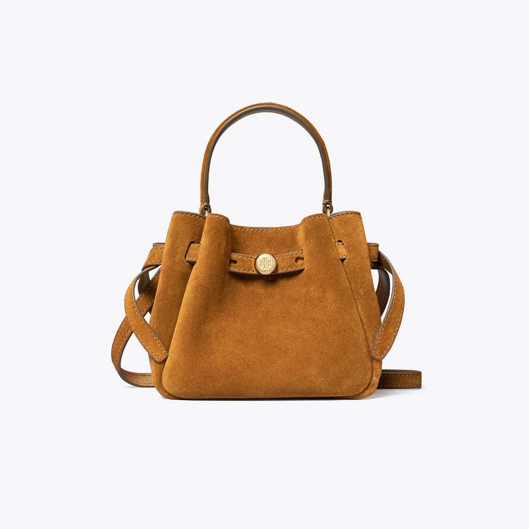 Tory Burch Mini Romy Suede Bucket Bag Caramel