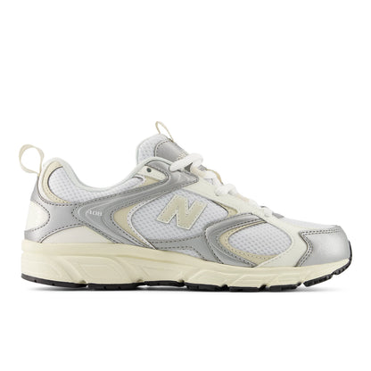 New Balance 408 White with Linen and Silver Metallic