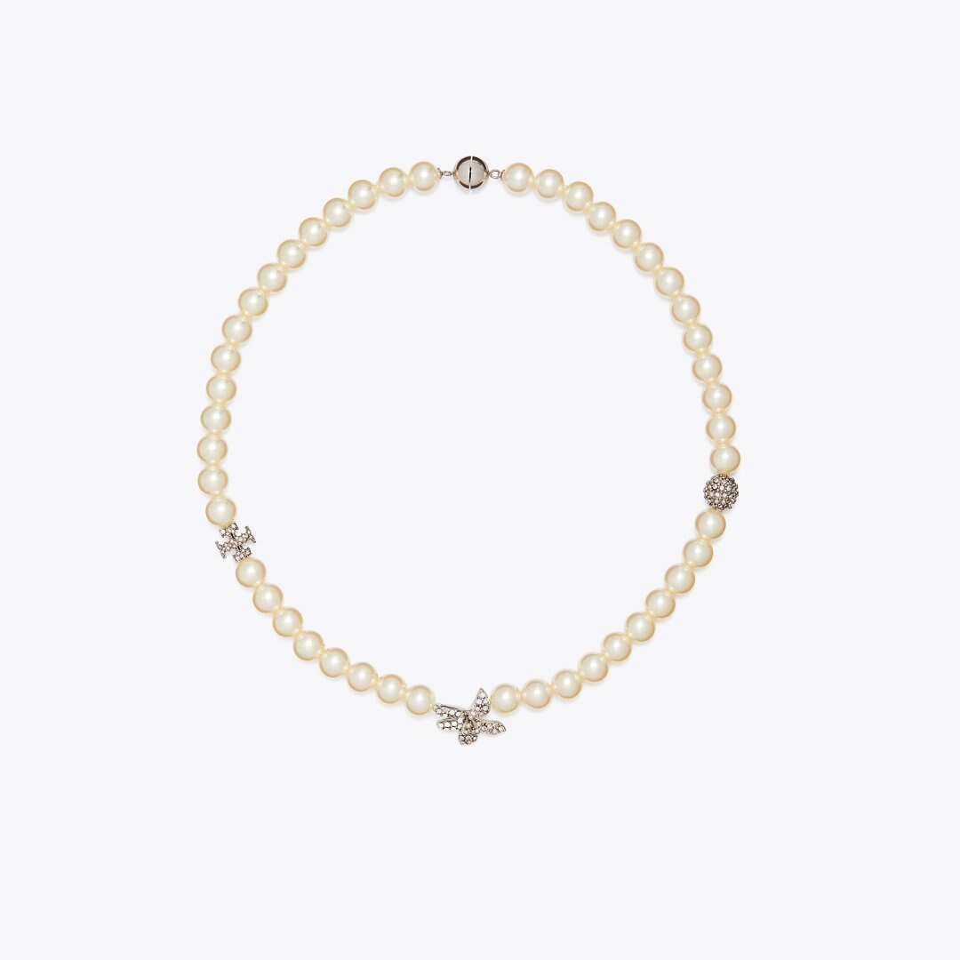 Tory Burch Moondance Pav Flower Pearl Necklace Tory Silver / Pearl / Crystal