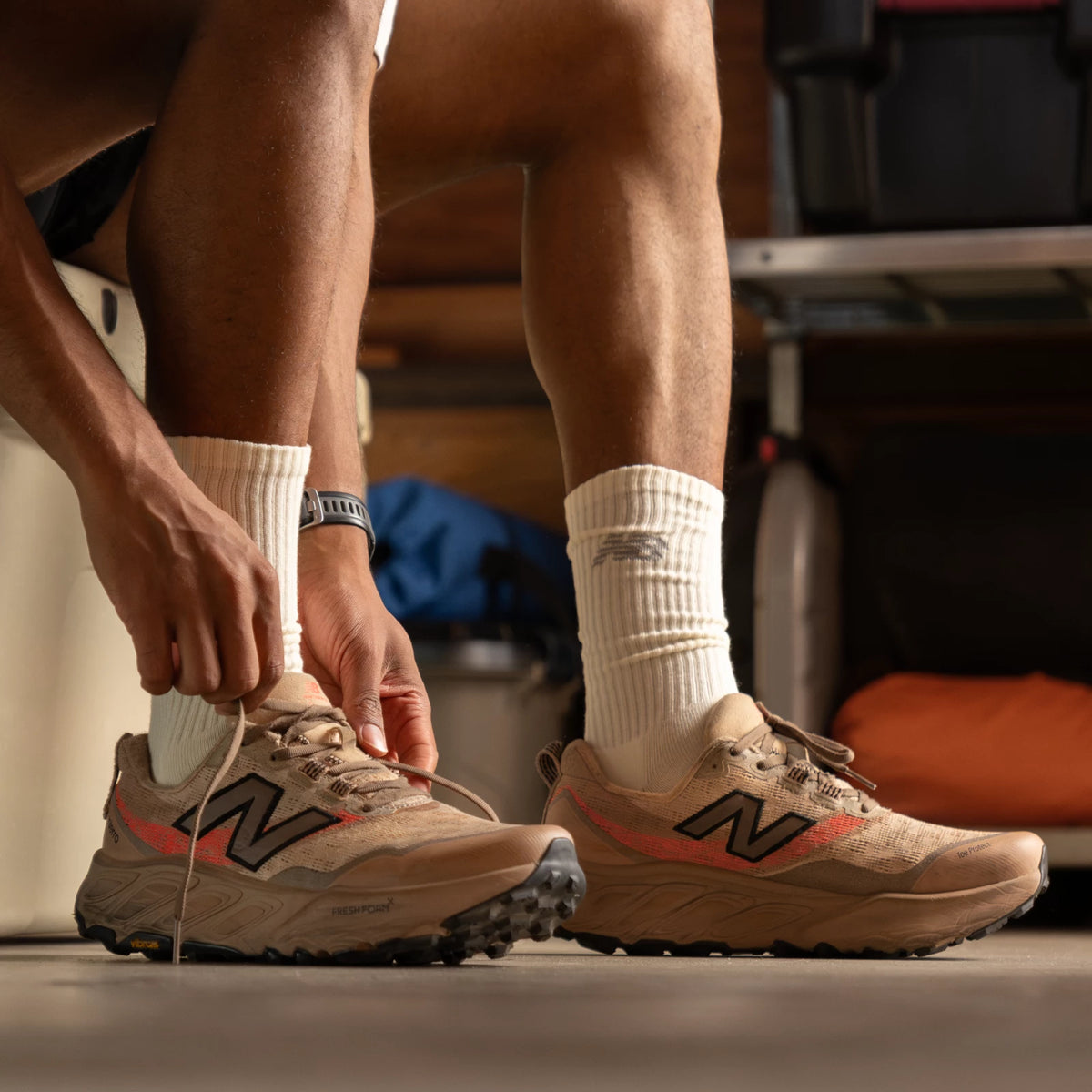 New Balance Fresh Foam X Hierro V9 Desert Clay with Earth Shadow and Urgent Red