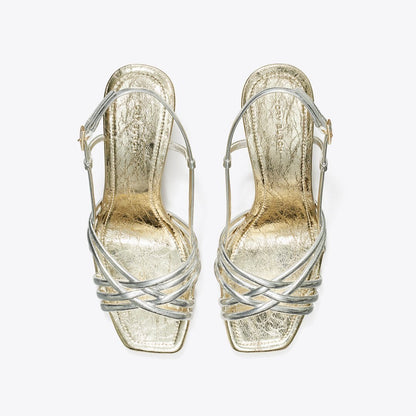 Tory Burch Multi-Strap Espadrille Wedge SHINY SILVER / SPARK GOLD / SPARK GOLD