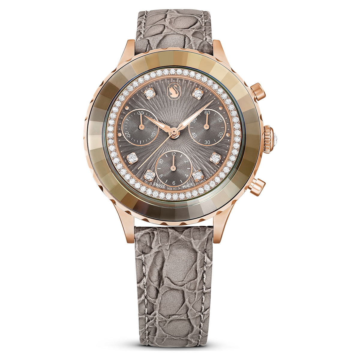 Swarovski Octea Chrono Watch Swiss Made Leather Strap Gray Rose Gold-Tone Finish SW5671153