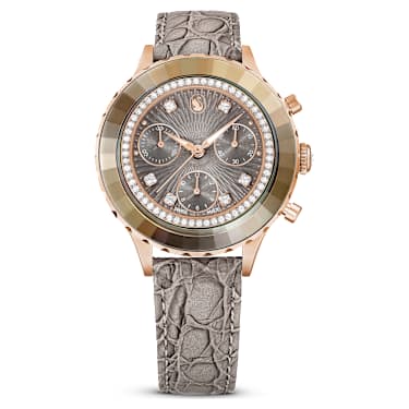 Swarovski Octea Chrono Watch Swiss Made Leather Strap Gray Rose Gold-Tone Finish SW5671153