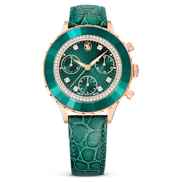 Swarovski Octea Chrono Watch Swiss Made Leather Strap Green Rose Gold-Tone Finish SW5672931