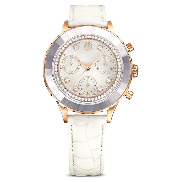 Swarovski Octea Chrono Watch Swiss Made Leather Strap White Rose Gold-Tone Finish SW5671150