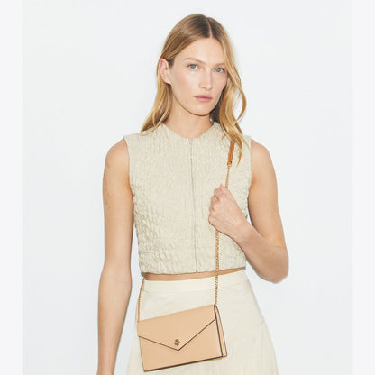 Tory Burch Pebble Envelope Chain Wallet Biscotti