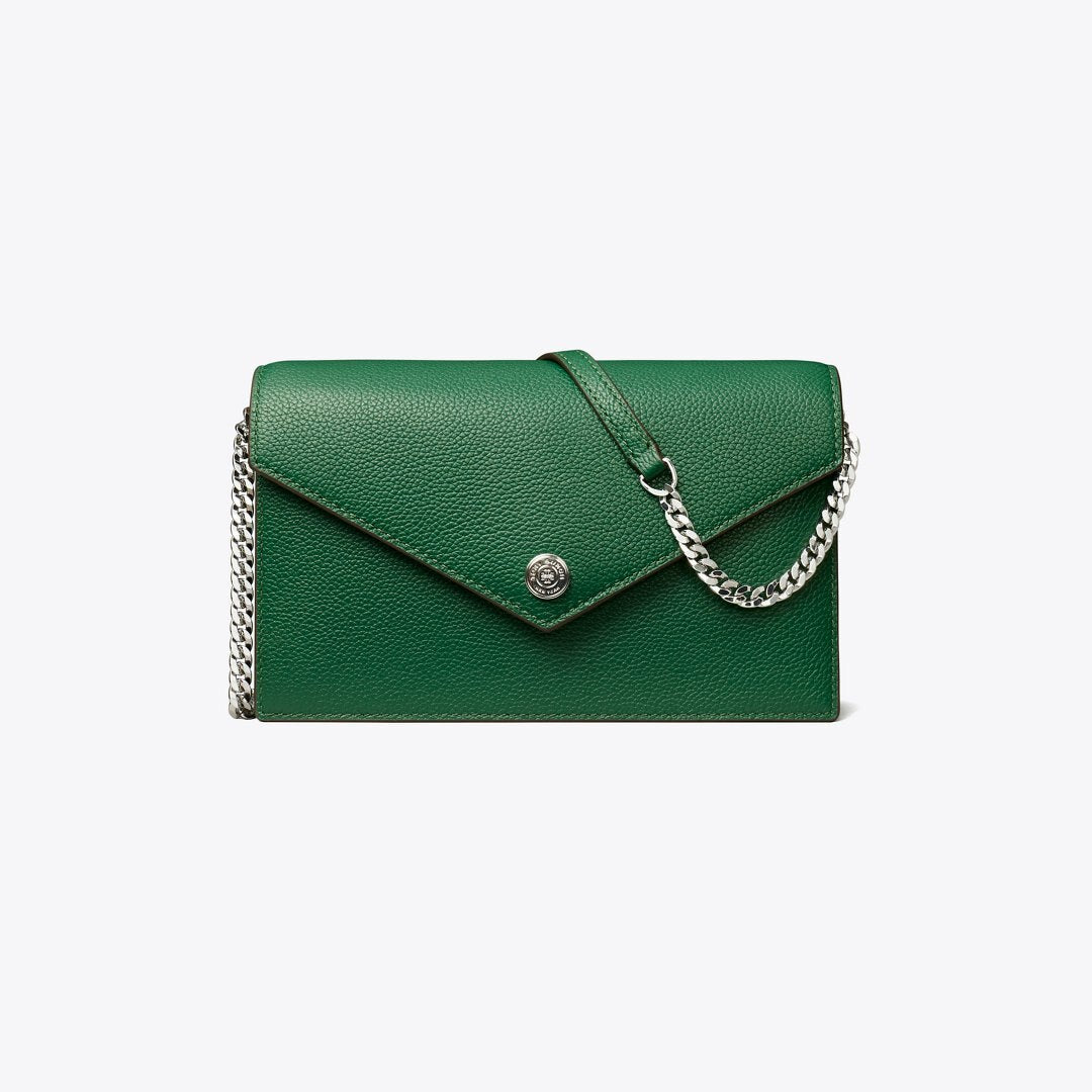 Tory Burch Pebble Envelope Chain Wallet Dark Kale