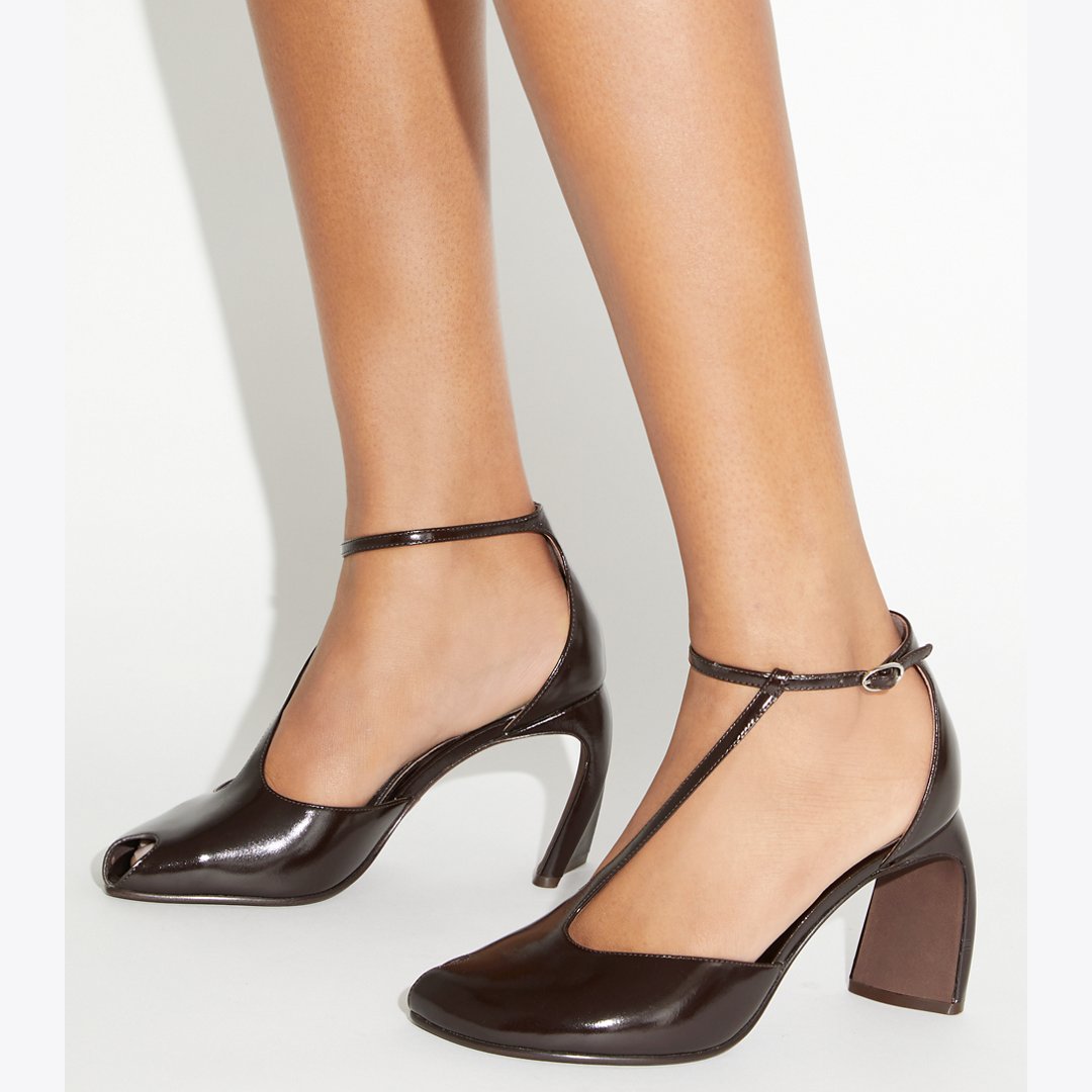 Tory Burch Peep-Toe T-Strap Heeled Sandal DEEP BROWN