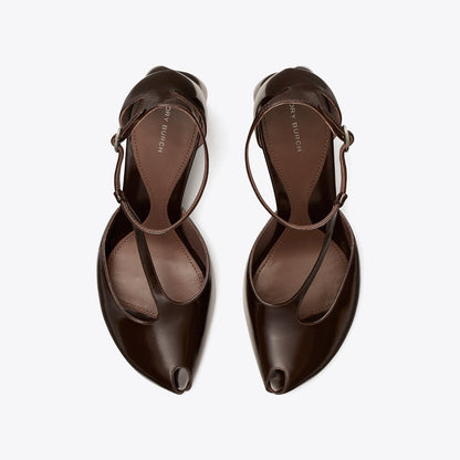 Tory Burch Peep-Toe T-Strap Heeled Sandal DEEP BROWN