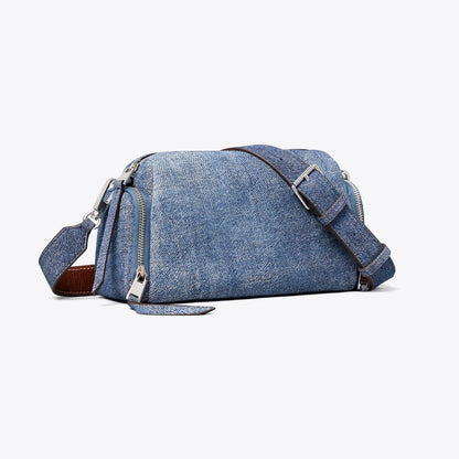 Tory Burch Perry Denim-Print Suede Voyager Crossbody Bag Blue Jean