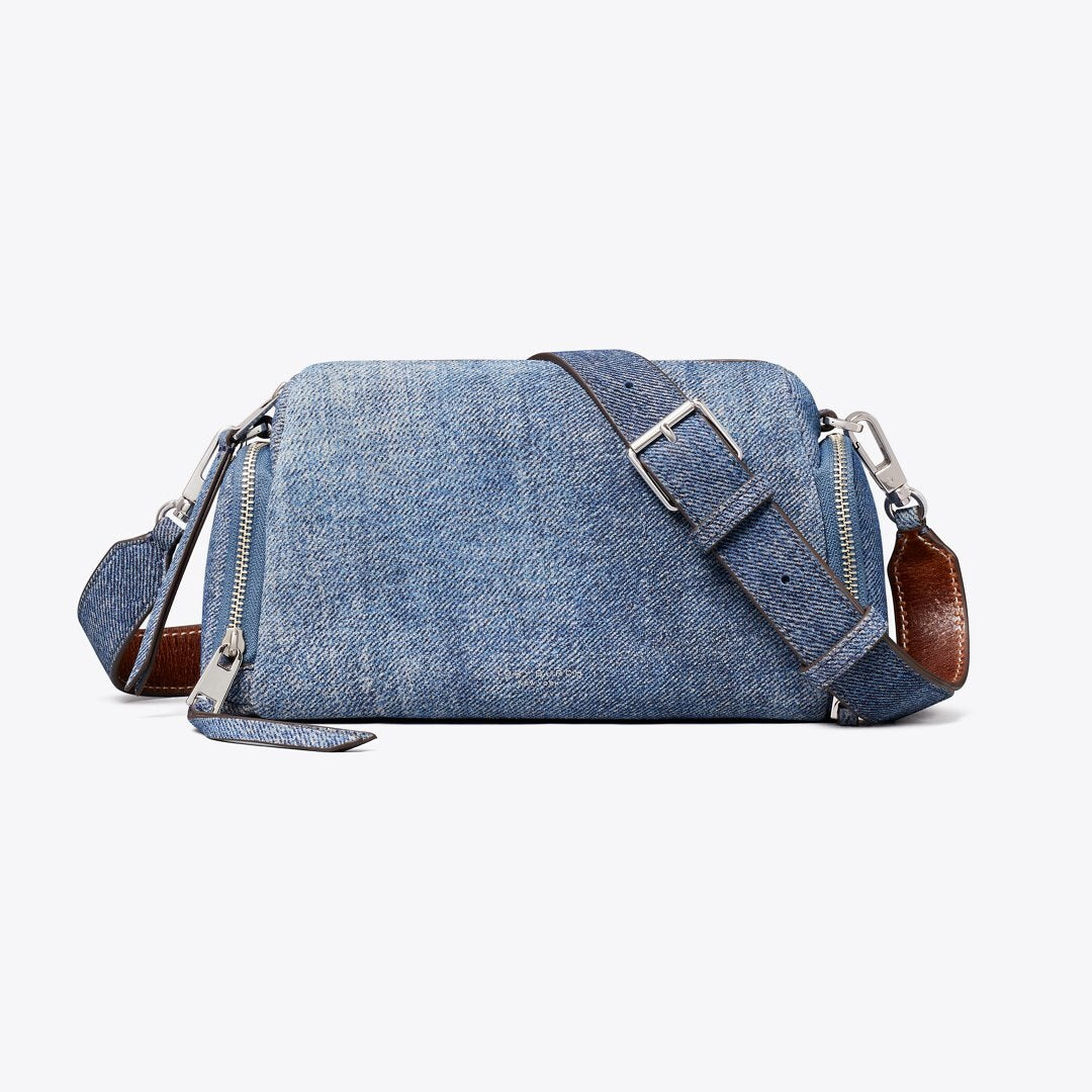 Tory Burch Perry Denim-Print Suede Voyager Crossbody Bag Blue Jean