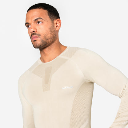 Kiprun Men's Long-Sleeved Slim Running T-Shirt -Kiprun Run 500 Seamless Beige