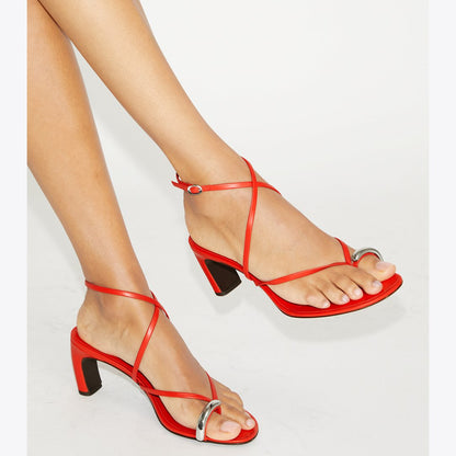 Tory Burch Pierced Multi-Strap Heeled Sandal BLAZING RED / SILVER