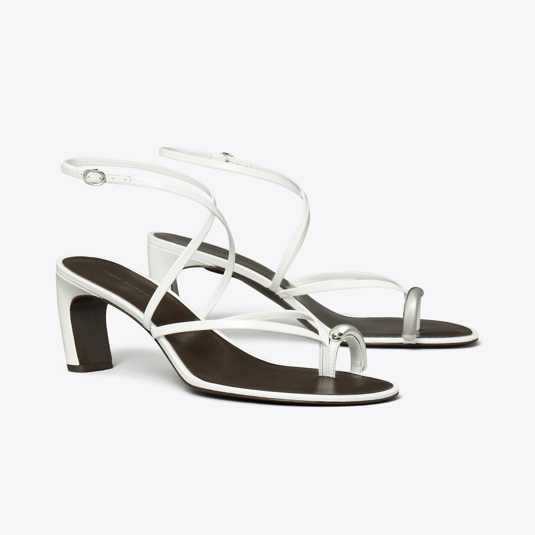 Tory Burch Pierced Multi-Strap Heeled Sandal BIANCO / SILVER