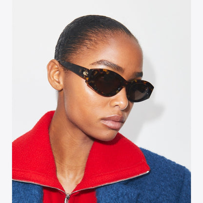 Tory Burch Pierced Oval Sunglasses DARK TORTOISE/SOLID BROWN