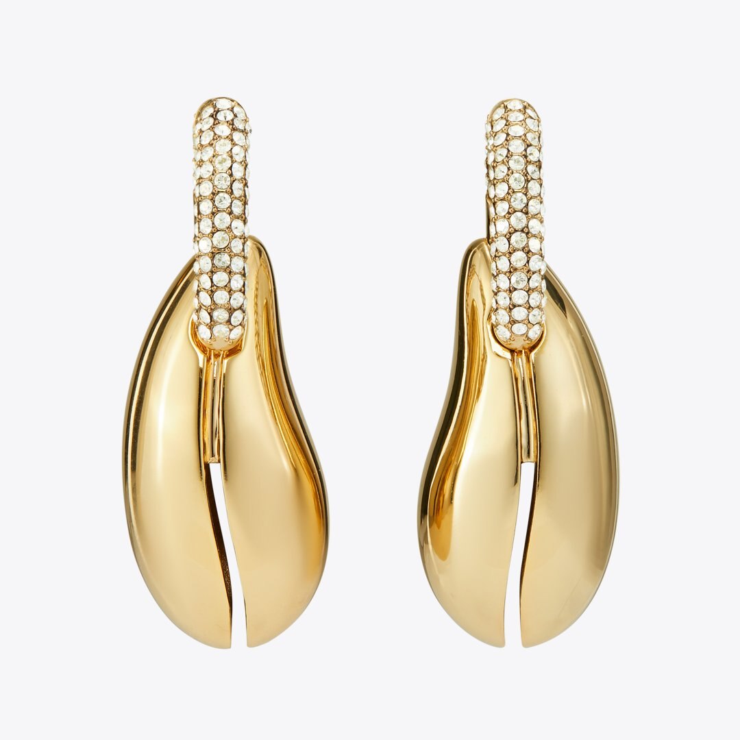Tory Burch Pierced Pav Hoop Earrings Light Brass / Crystal