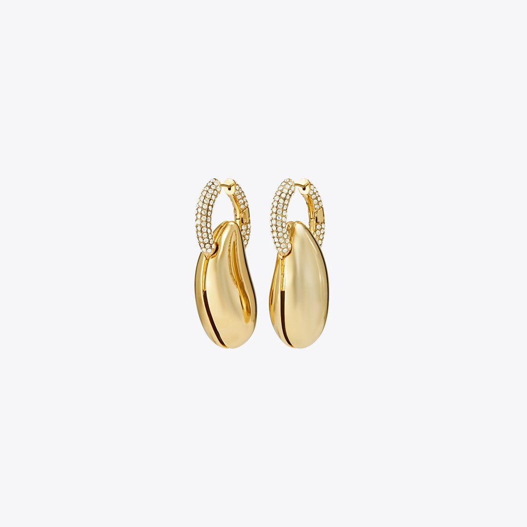Tory Burch Pierced Pav Hoop Earrings Light Brass / Crystal
