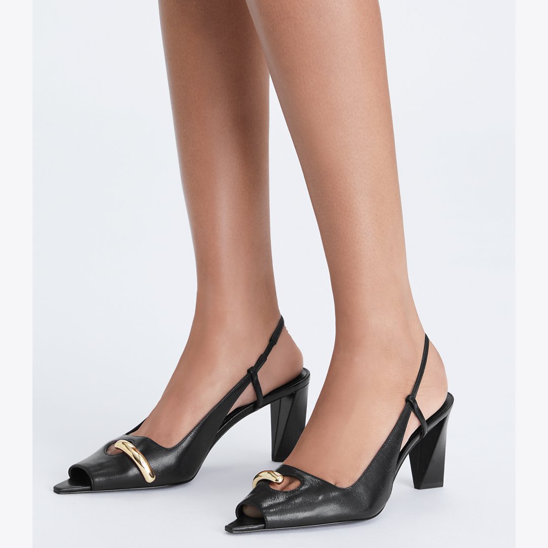 Tory Burch Pierced Peep-Toe Slingback PERFECT BLACK / GOLD