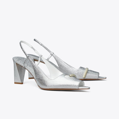 Tory Burch Pierced Peep-Toe Slingback BRIGHT SILVER / SILVER