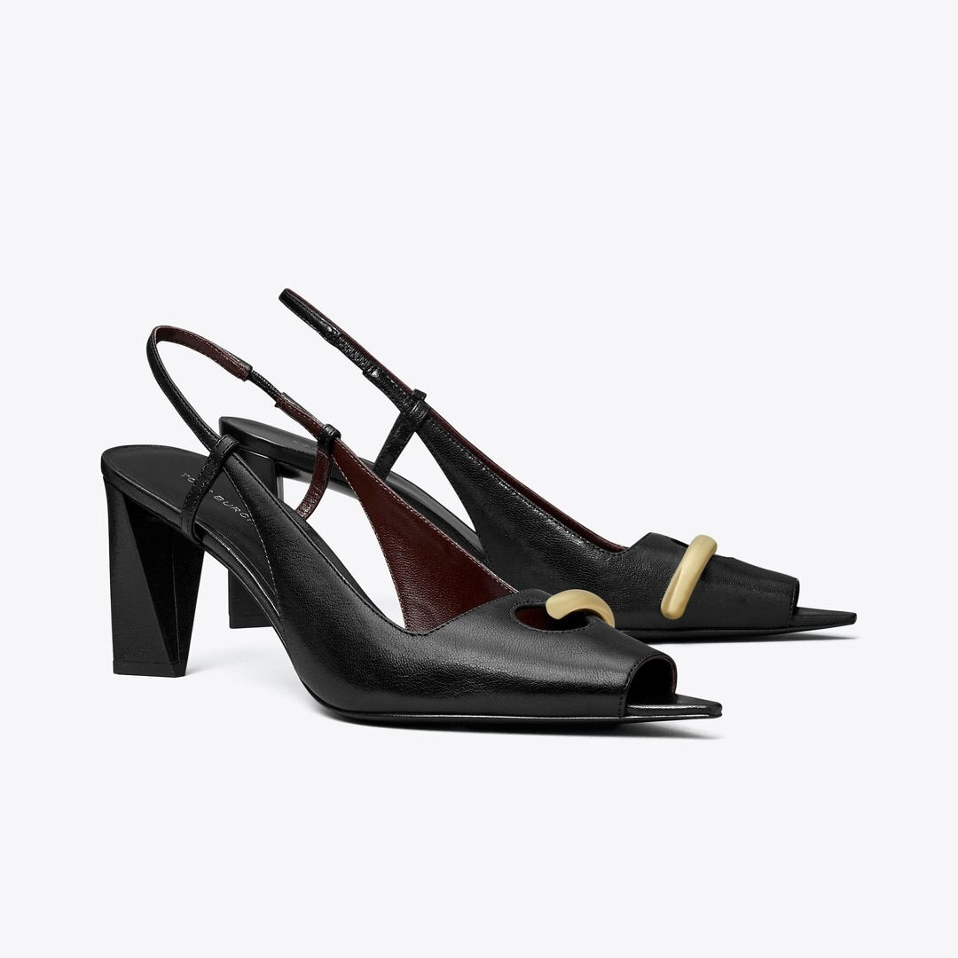 Tory Burch Pierced Peep-Toe Slingback PERFECT BLACK / GOLD