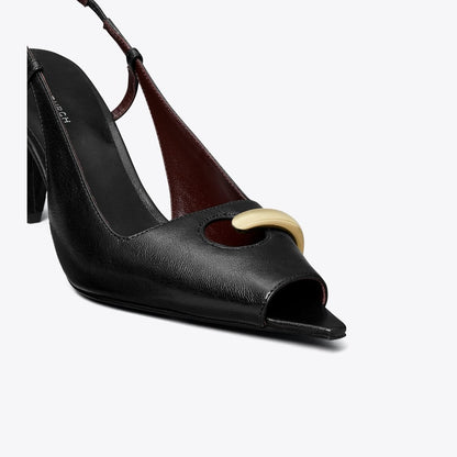 Tory Burch Pierced Peep-Toe Slingback PERFECT BLACK / GOLD