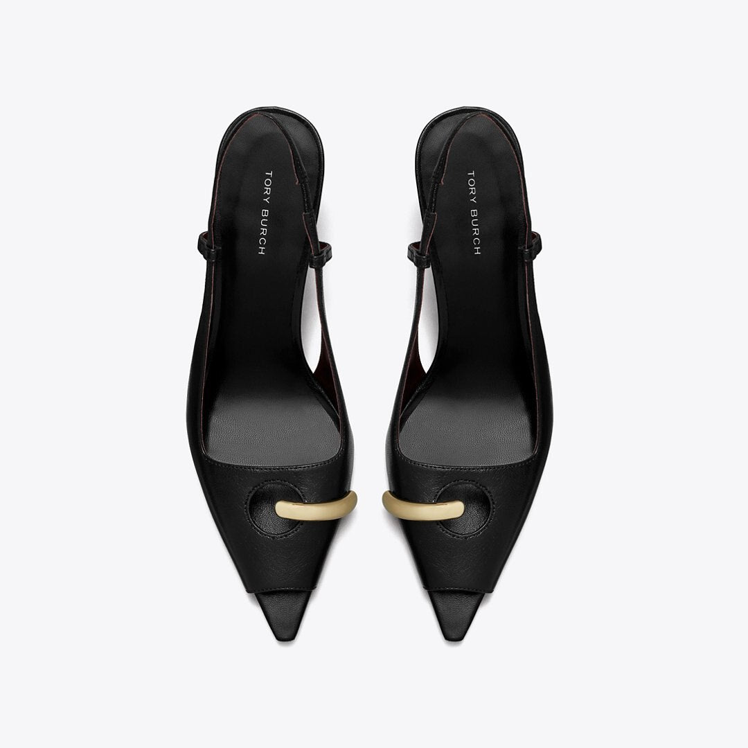 Tory Burch Pierced Peep-Toe Slingback PERFECT BLACK / GOLD